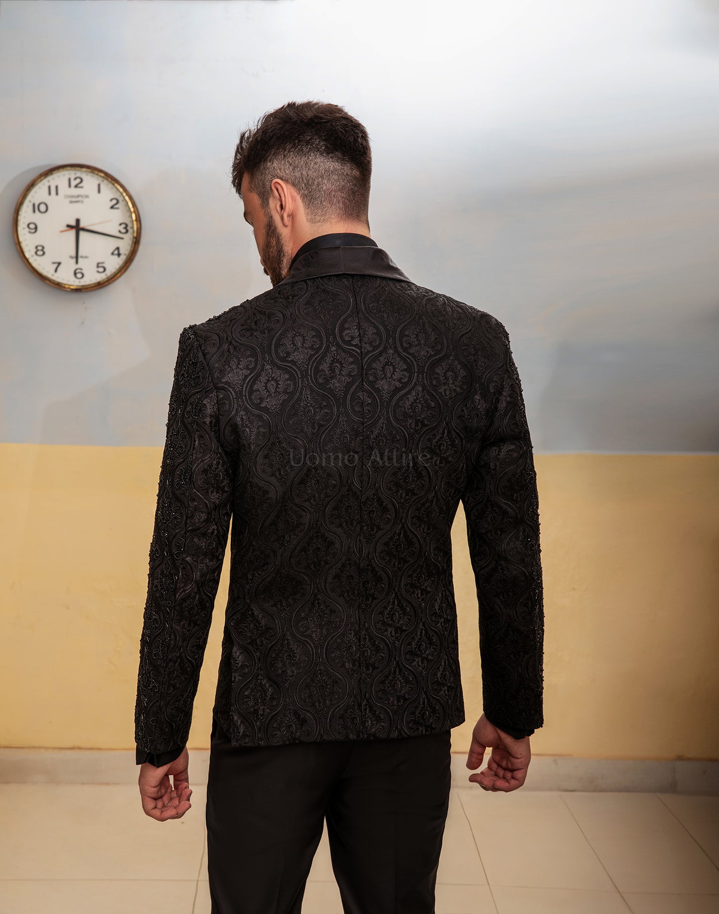 
                  
                    Men's Luxury Hand-Embroidered Black Tuxedo with Floral Paisley Detailing
                  
                