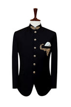 Black Mandarin Collar Suit for Men in Super 160's Cashmere