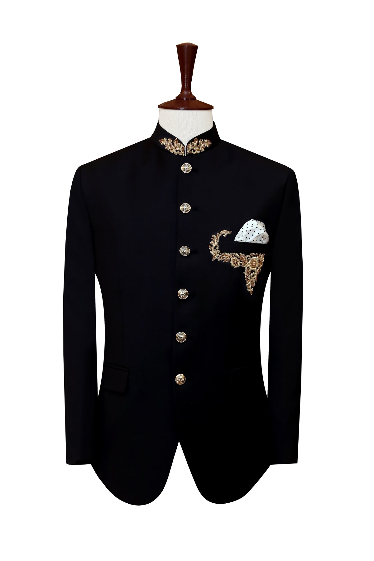 Black Mandarin Collar Suit for Men in Super 160's Cashmere