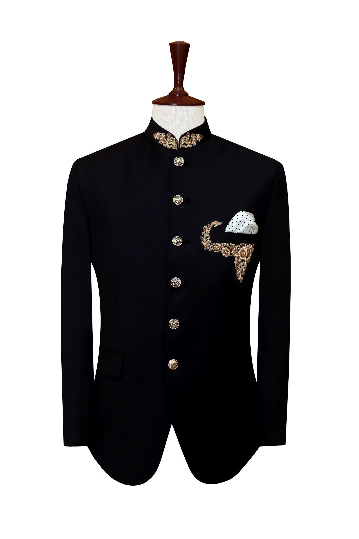 
                  
                    Black Mandarin Collar Suit for Men in Super 160's Cashmere
                  
                