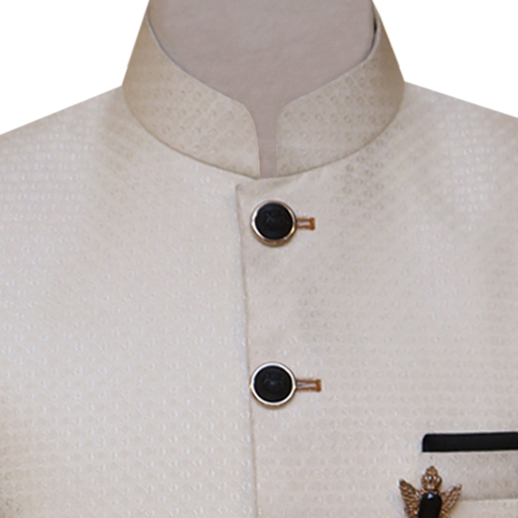 Finch off cream textured jamawar prince coat with contrast buttons throughout