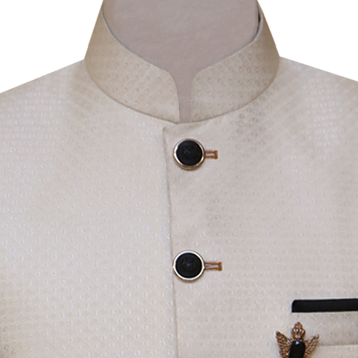 Finch off cream textured jamawar prince coat with contrast buttons throughout