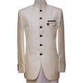 Finch off cream textured jamawar prince coat with contrast buttons throughout