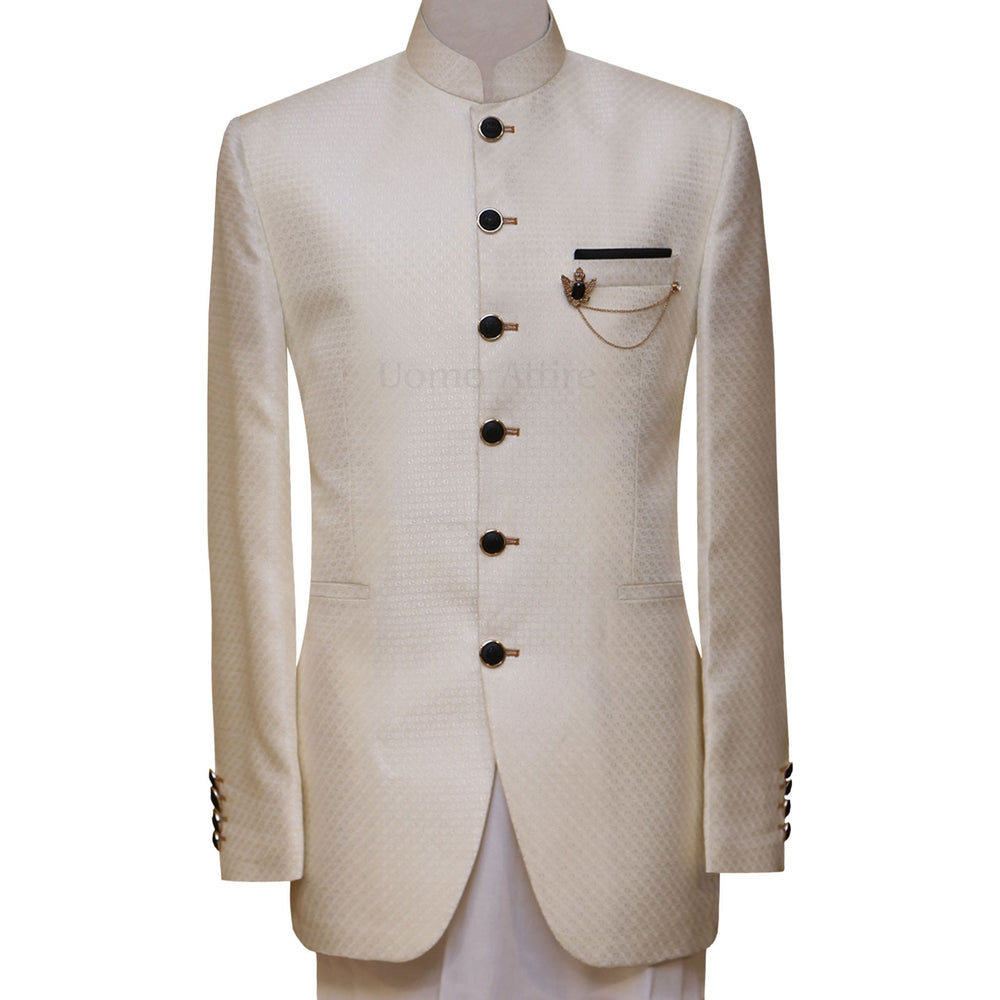 Finch off cream textured jamawar prince coat with contrast buttons throughout