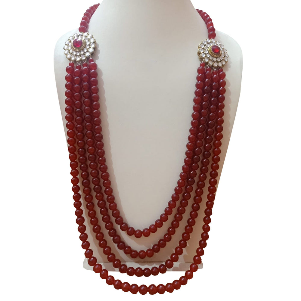 Four layered red pearls necklace for sherwani