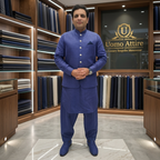Men's Luxury Royal Blue Embroidered Waistcoat with Matching Kurta Pajama Worn by our client Usman Azam