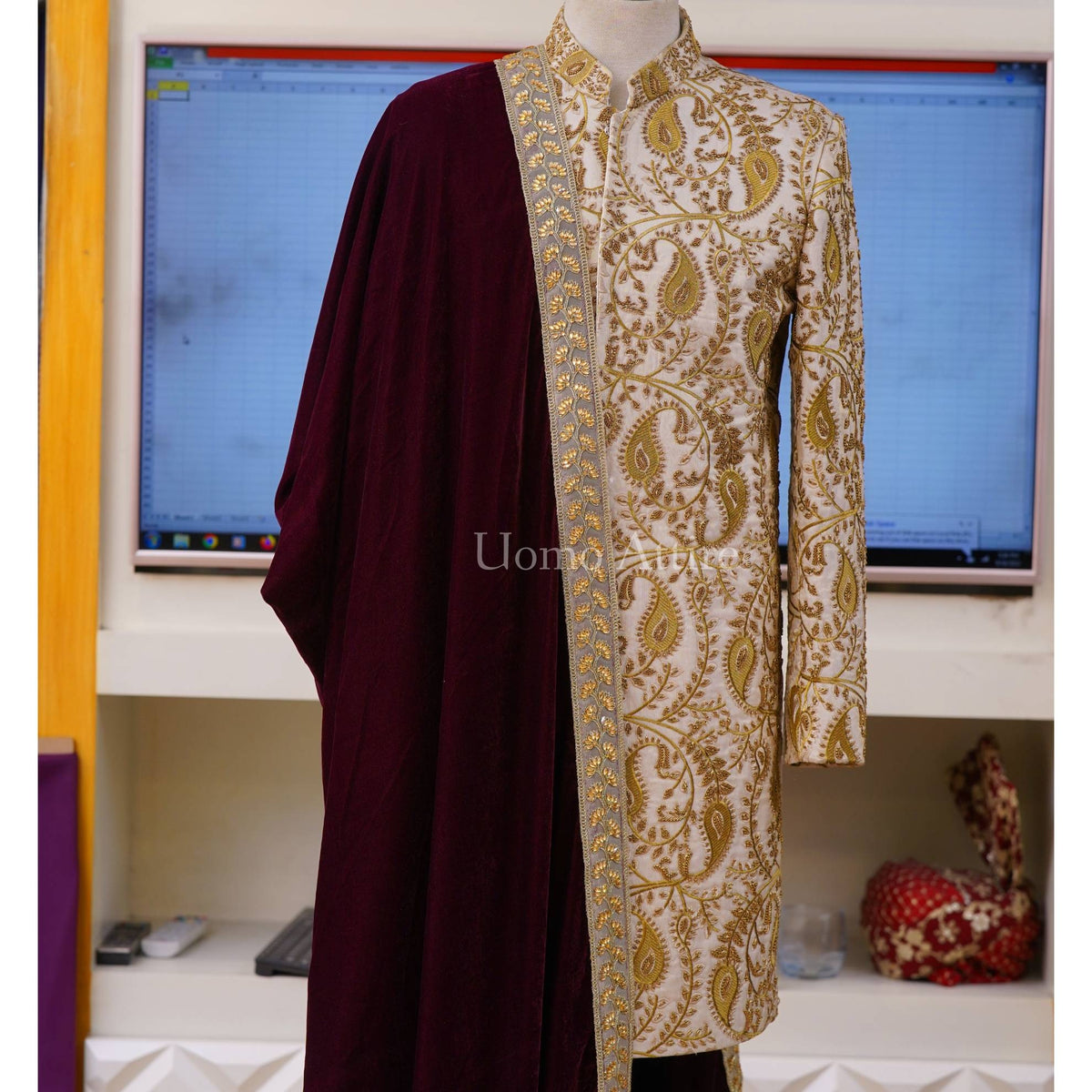 Golden Embroidered Border Maroon Velvet Groom Shawl