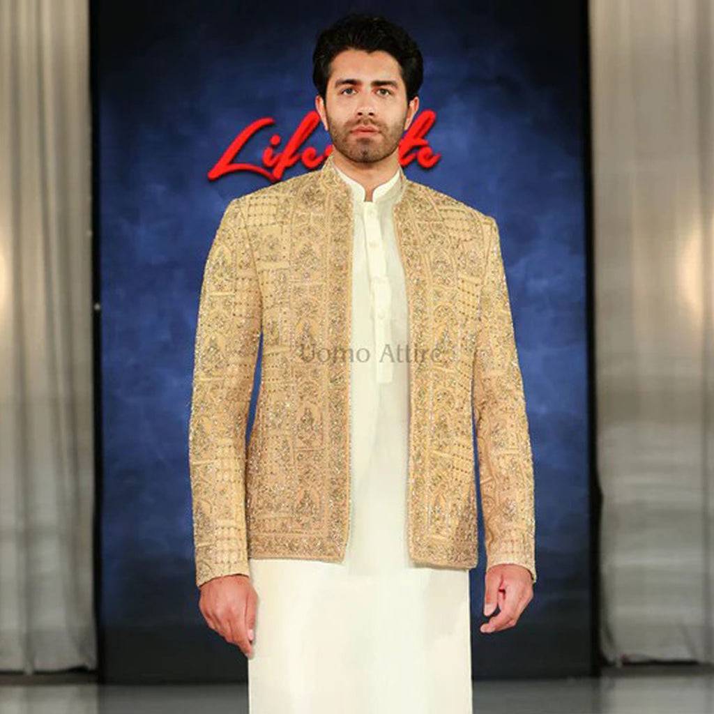 Golden Glamour Hand-Embellished Prince Coat with Kurta Pajama