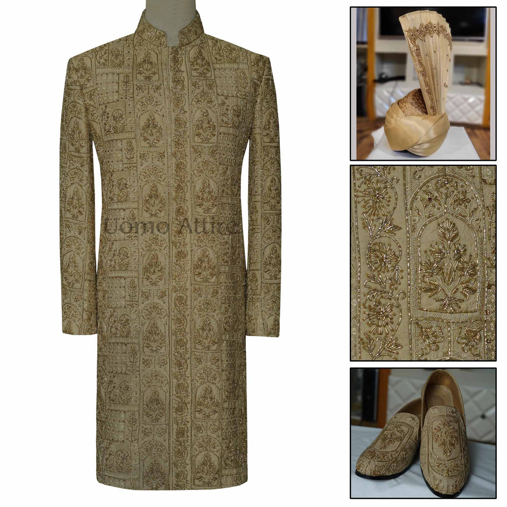 Golden Sherwani for Groom with Turban and Shoes