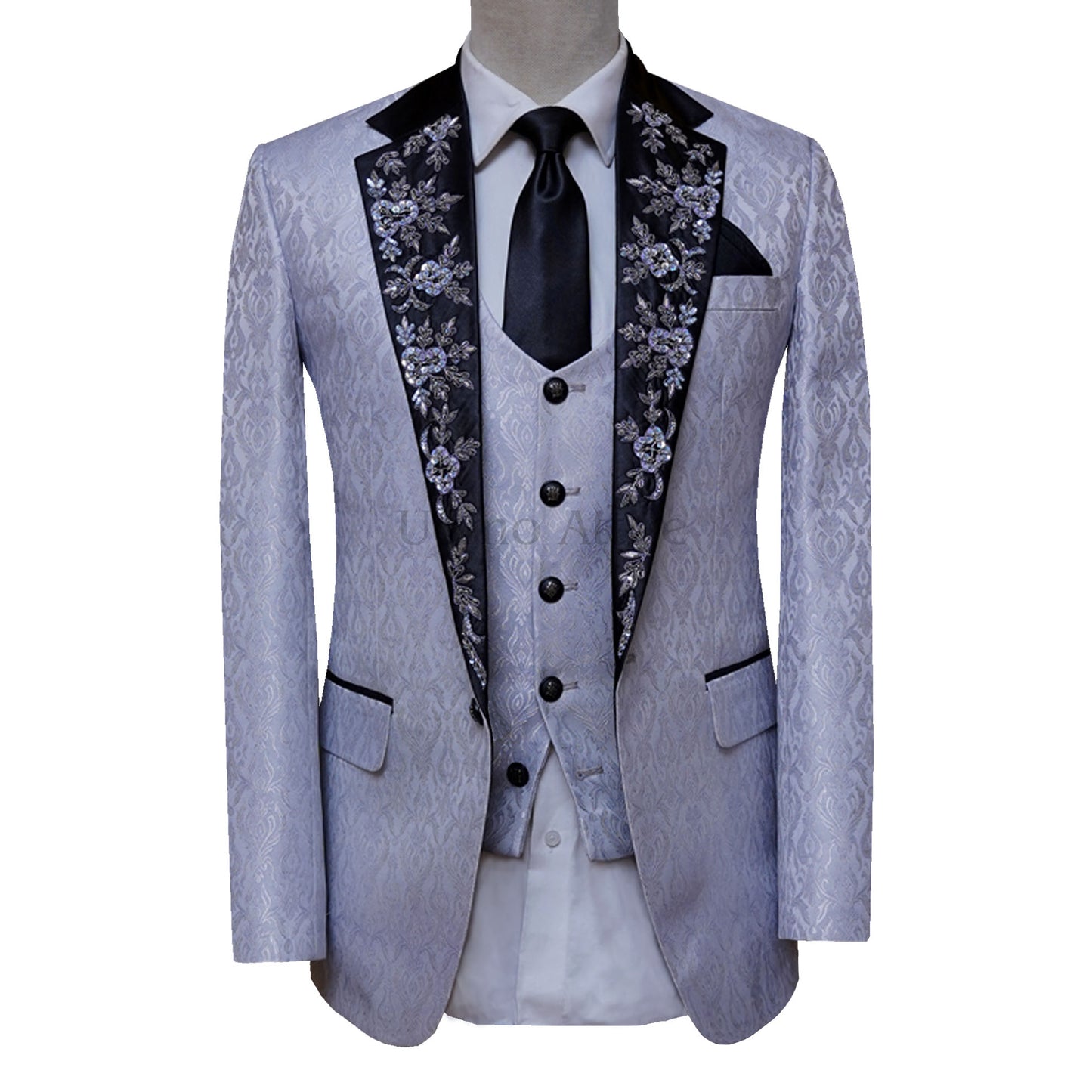 Self Designed Textured Fabric Gray Tuxedo Suit