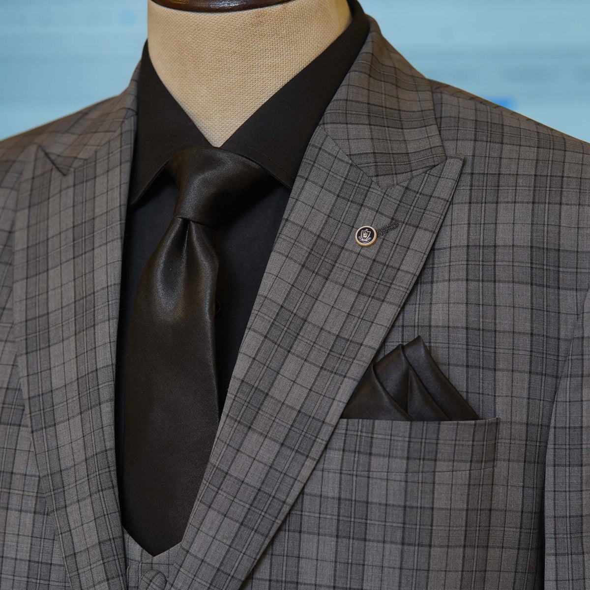 Gray Mini Check 3 Piece Suit for Men with Black Shirt, Tie and Pocket Square| Three Piece Suit for Men