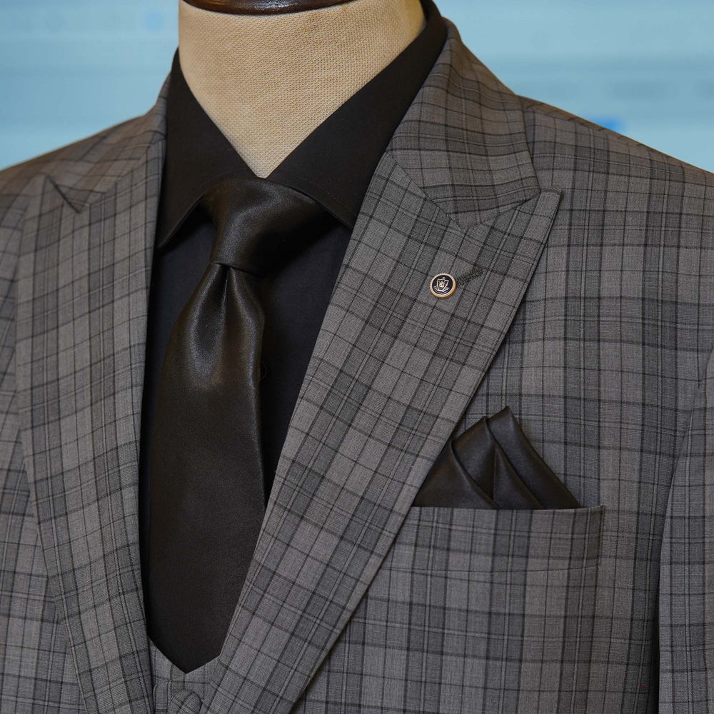 
                  
                    Gray Mini Check 3 Piece Suit for Men with Black Shirt, Tie and Pocket Square| Three Piece Suit for Men
                  
                