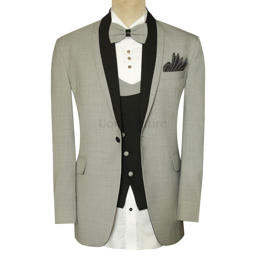 Black and Grey Contrast Shawl Lapel Tuxedo Suit | Grey Tuxedo Suit
