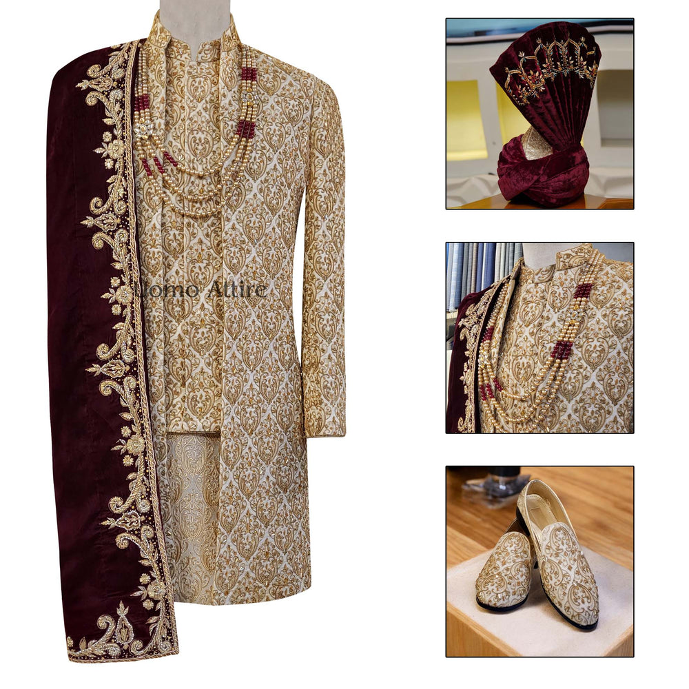 Luxury Open Front Golden Sherwani for Grooms | Embellished Wedding Outfit with Burgundy Shawl