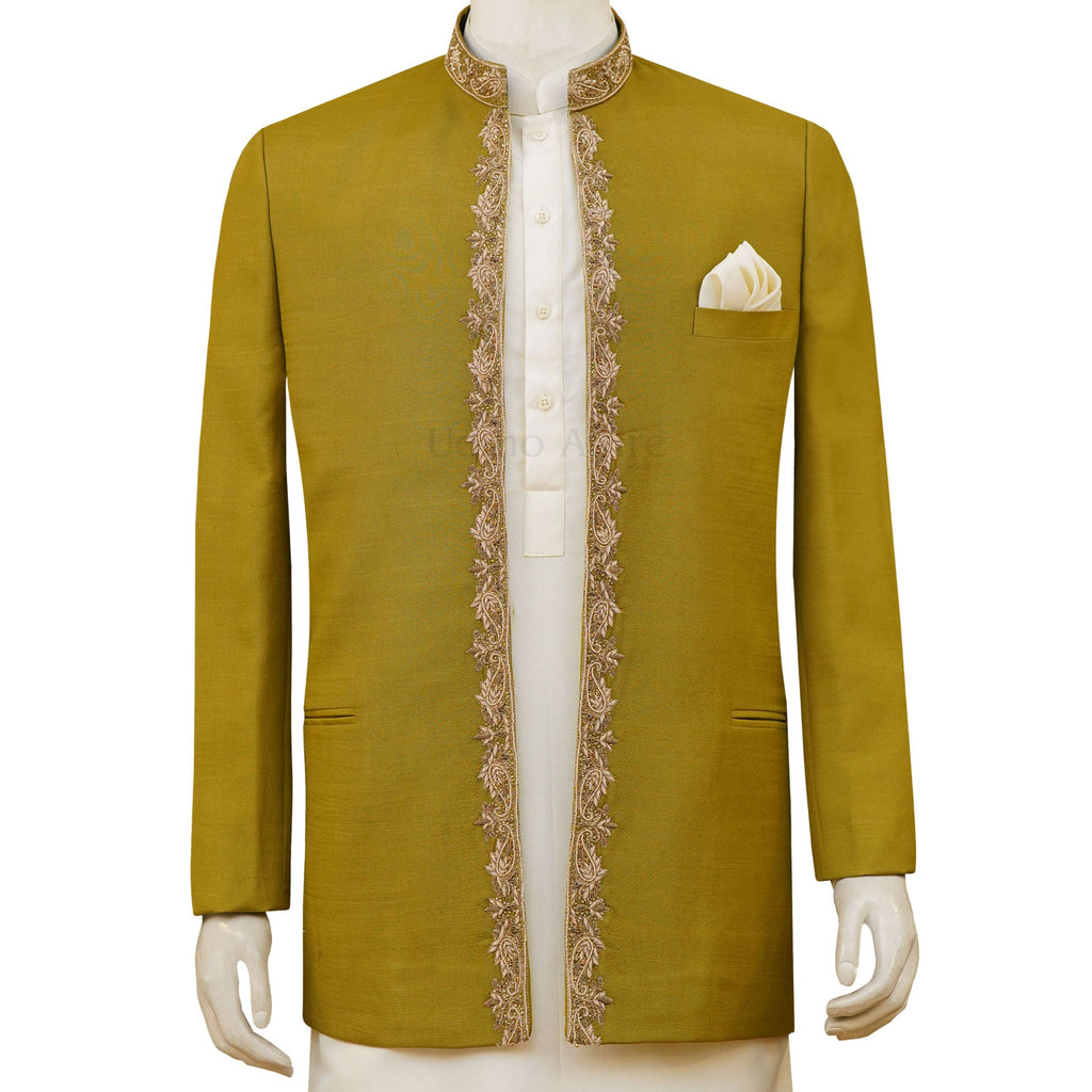 Hand-made prince coat for mehndi event | Deep green prince coat for mehndi