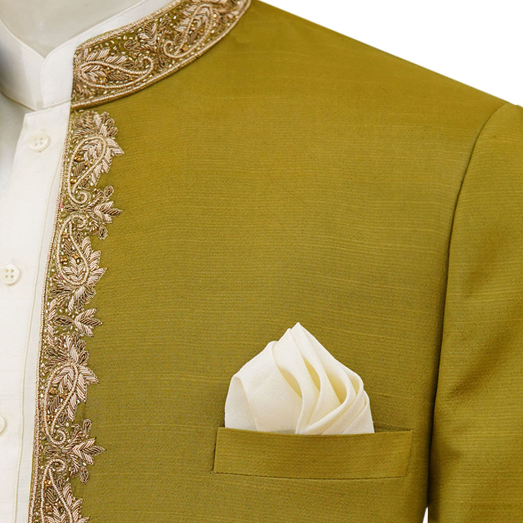Hand-made prince coat for mehndi event | Deep green prince coat for mehndi 3