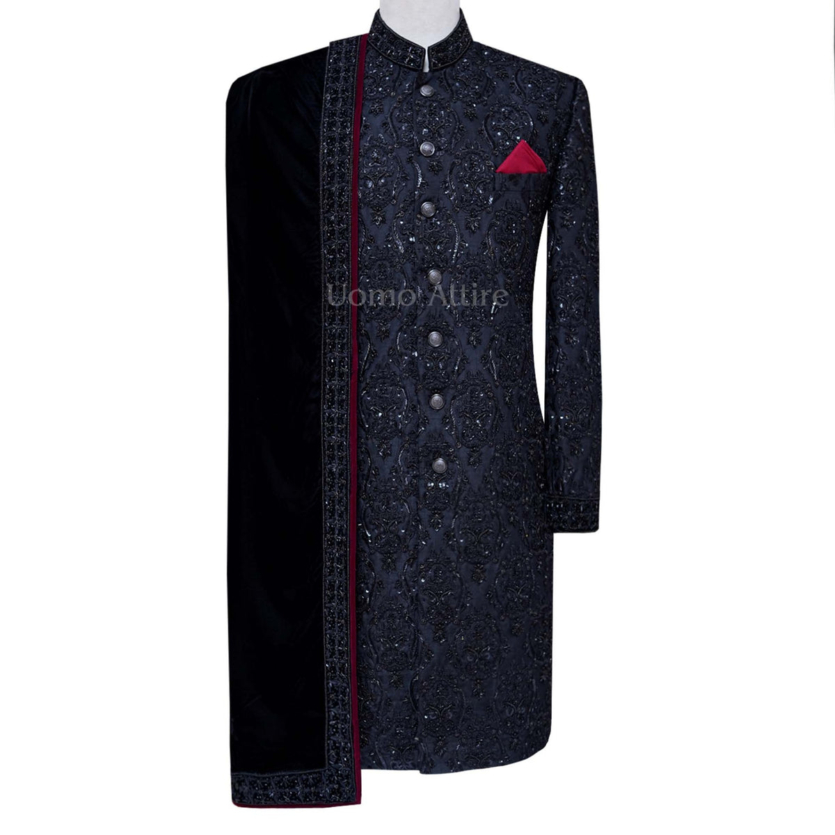 Hand Embellished Black Velvet Sherwani Shawl For Groom