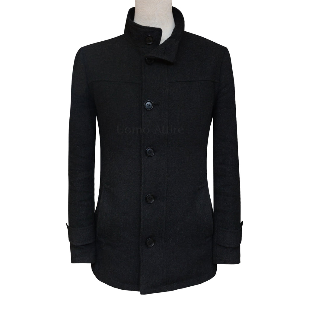 Herringbone wool custom tailored black winter jacket