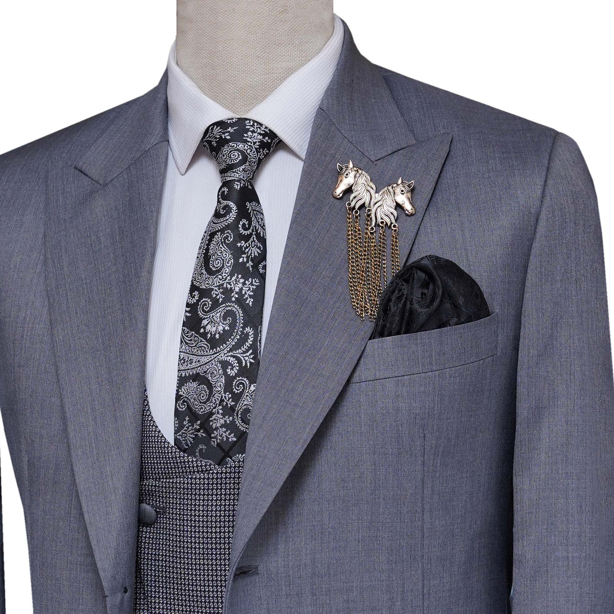 Italian Cut Light Grey 3 Piece Suit with Mini Check Vest | 3 Piece Suit
