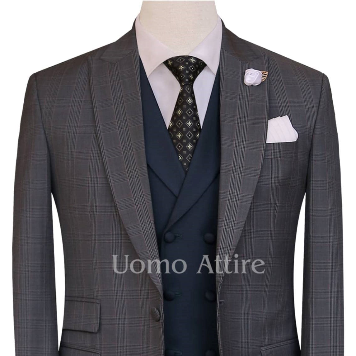 Italian windowpane checkered customized three piece suit 3