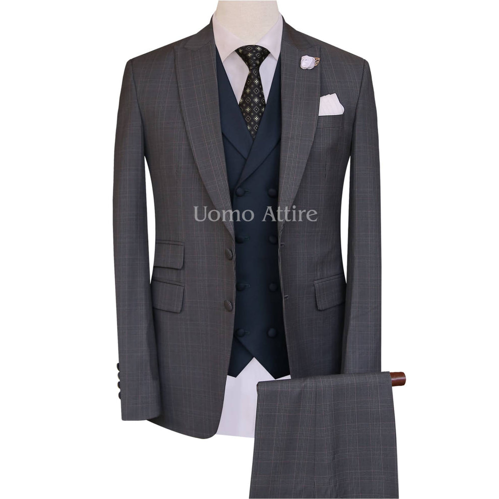 Italian windowpane checkered customized three piece suit