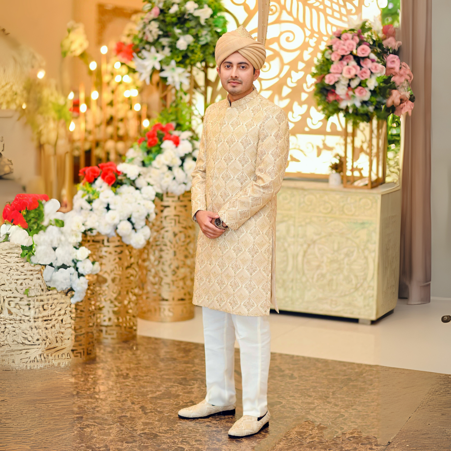 
                  
                    Our Valued Happy Client in Ivory Gold Embroidered Sherwani
                  
                
