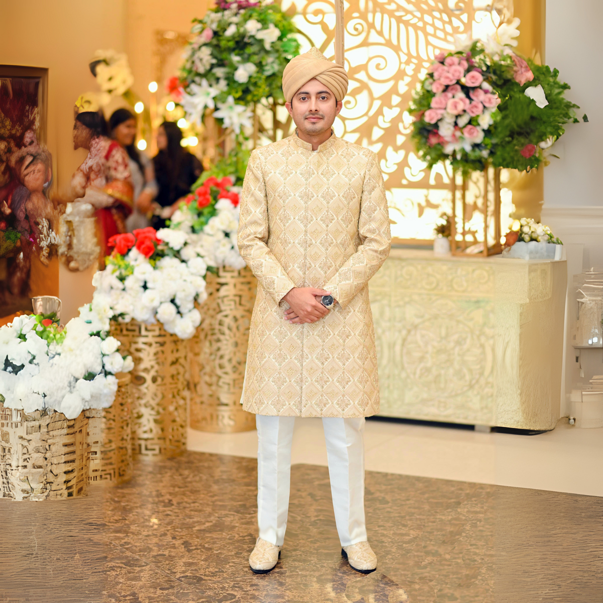 Our Valued Happy Client in Ivory Gold Embroidered Sherwani