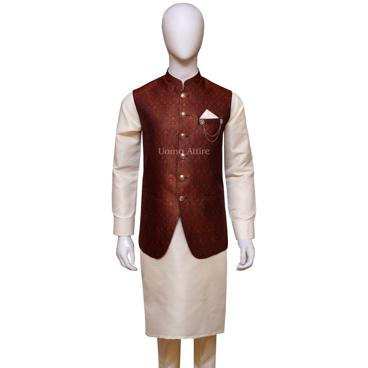Maroon Jamawar Mehndi Waistcoat