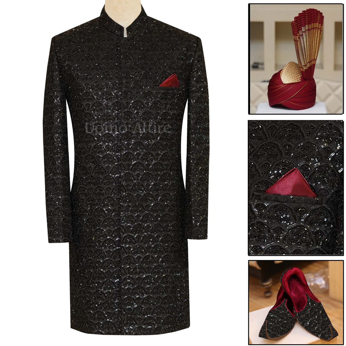 Jet Black Designer Sherwani Pakcage for Groom | Buy Online in USA and UK