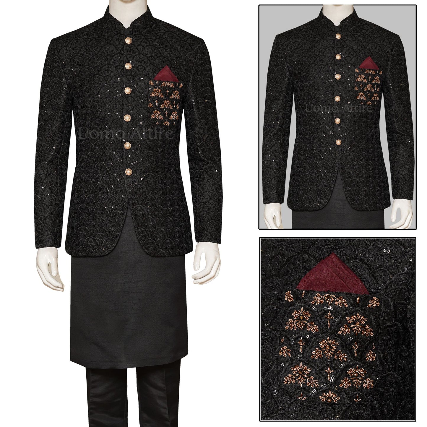 Jet Black Fully Embroidered Prince Coat For Special Events
