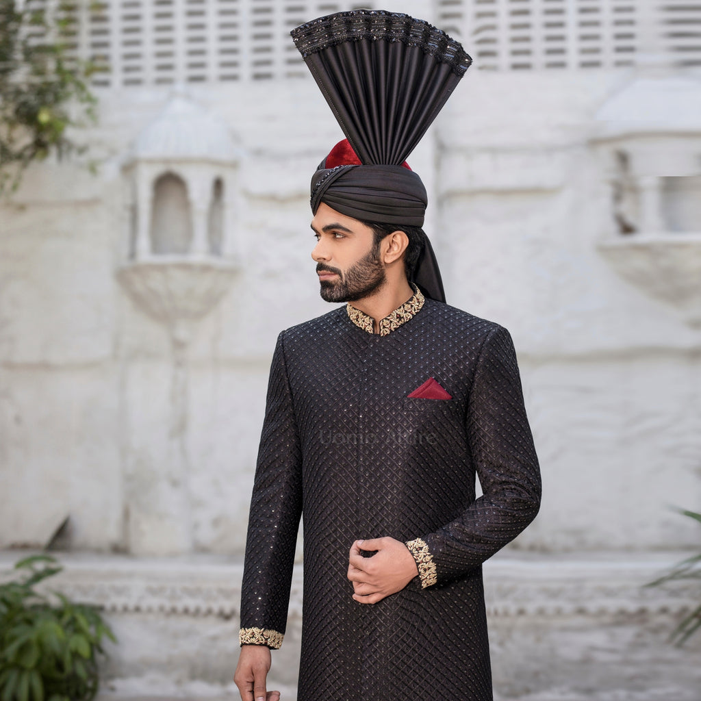 Regal Jet Black Sherwani for Groom A Perfect Blend of Elegance and Royalty