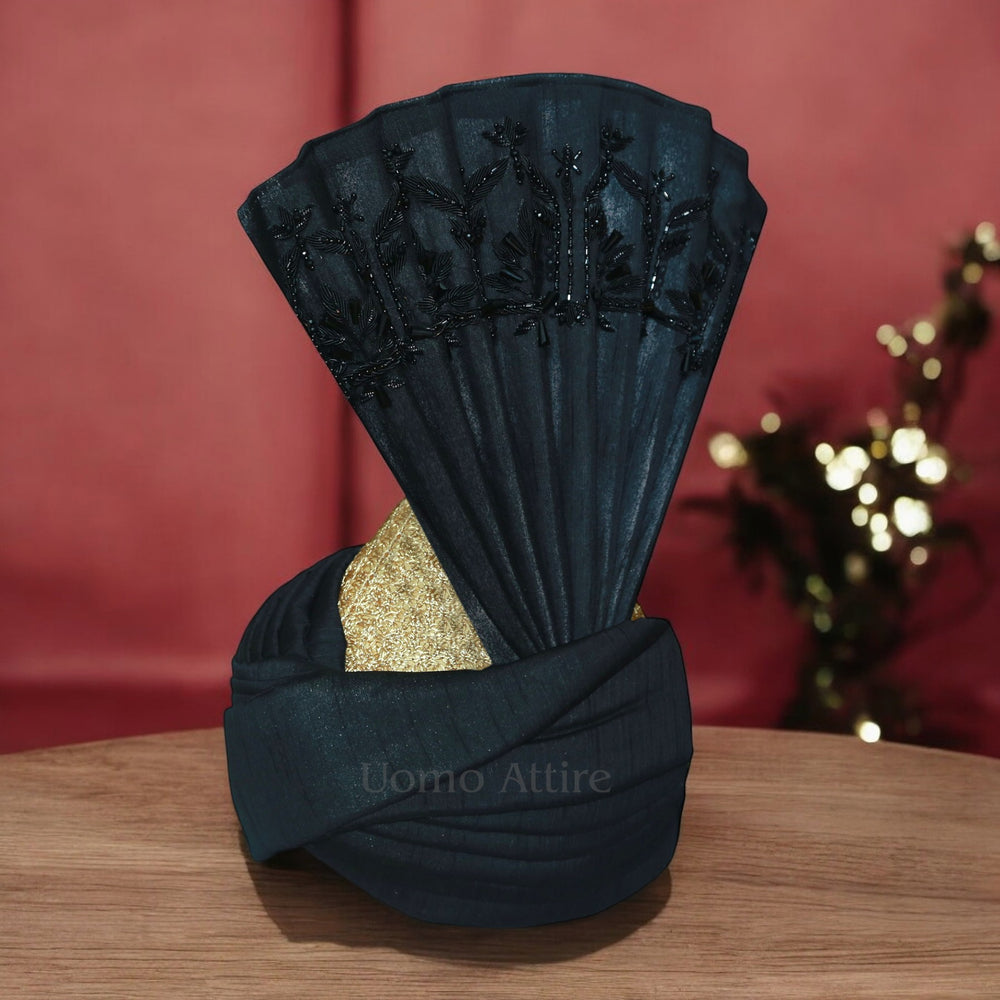 
                  
                    Jet Black Aitchison Wedding Kulla for Groom with Black Hand Work
                  
                