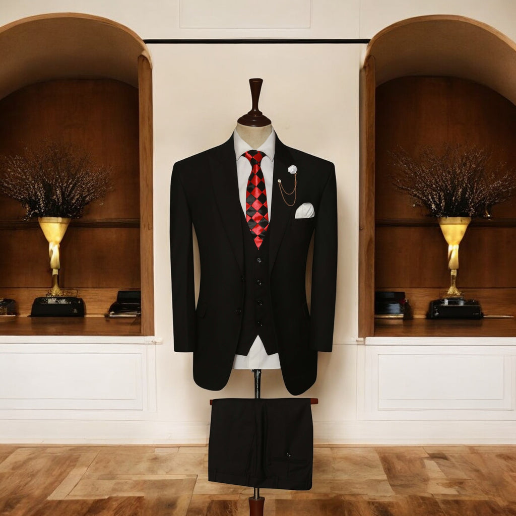 Jet Black Custom Made Italian Fabric 3 Piece Suit with Shirt and Tie