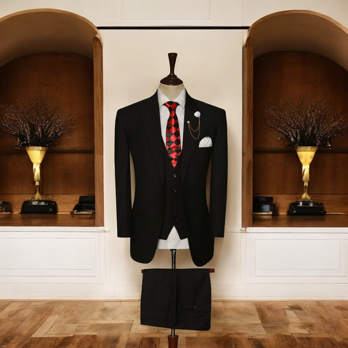 Jet Black Custom Made Italian Fabric 3 Piece Suit with Shirt and Tie