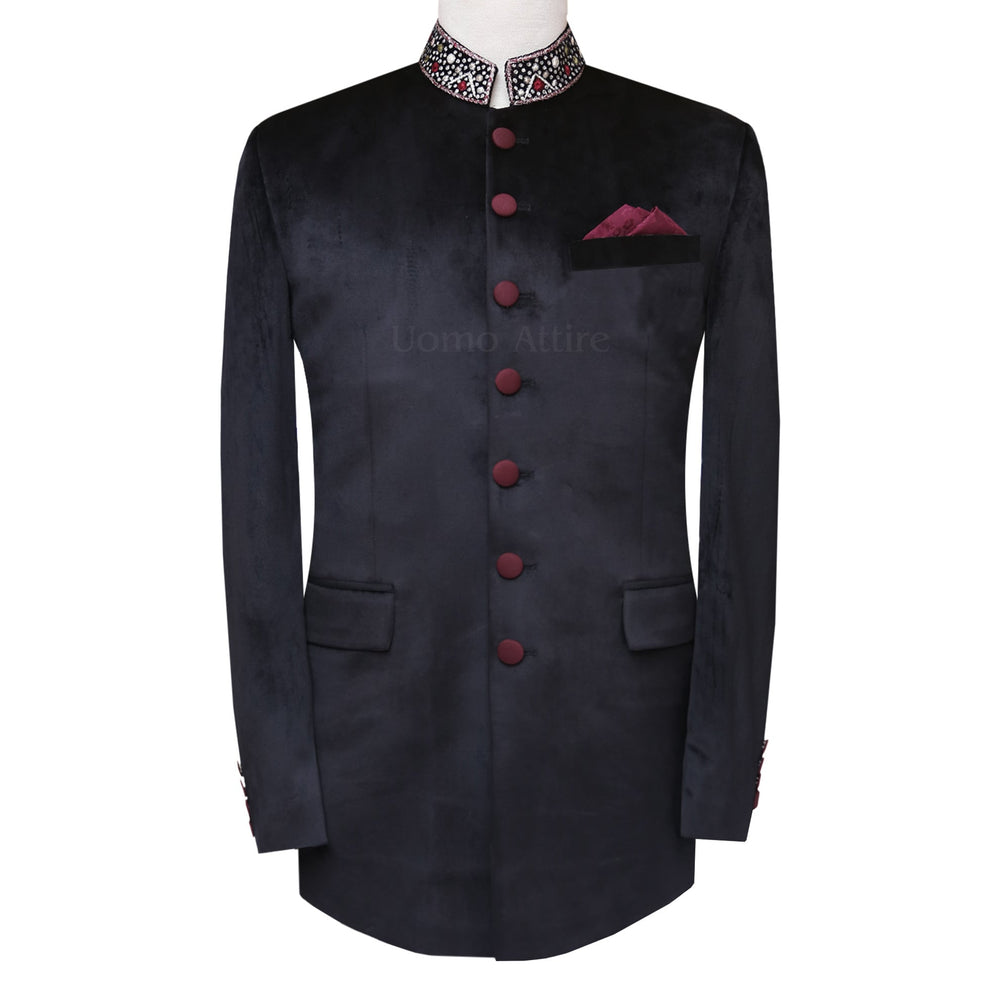 Jet black 9K micron velvet prince coat | Black prince coat