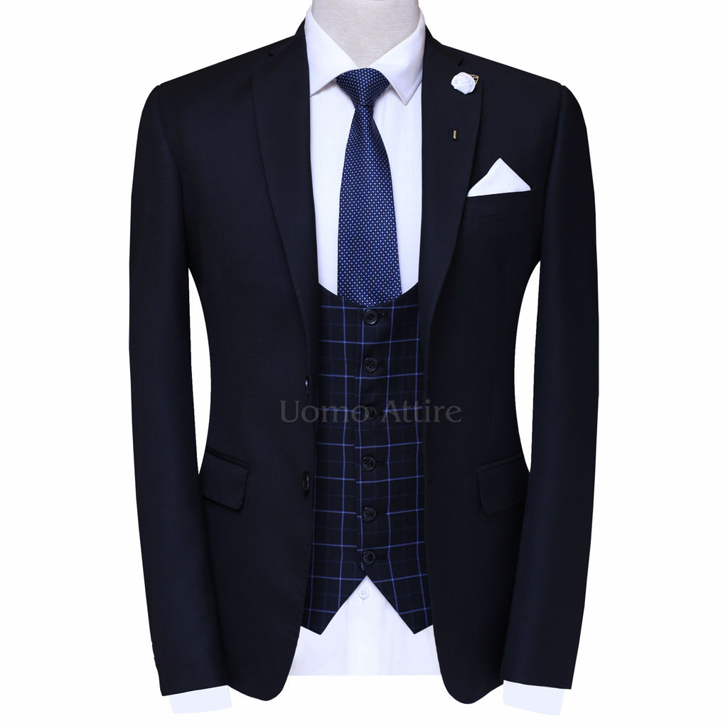 Jet black Italian tropical wedding three piece suit