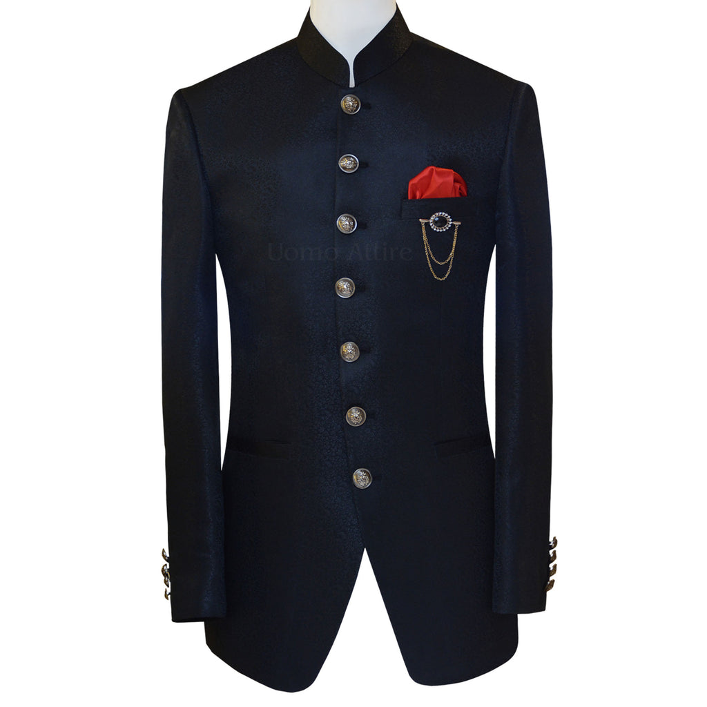 Jet black textured jamawar prince coat
