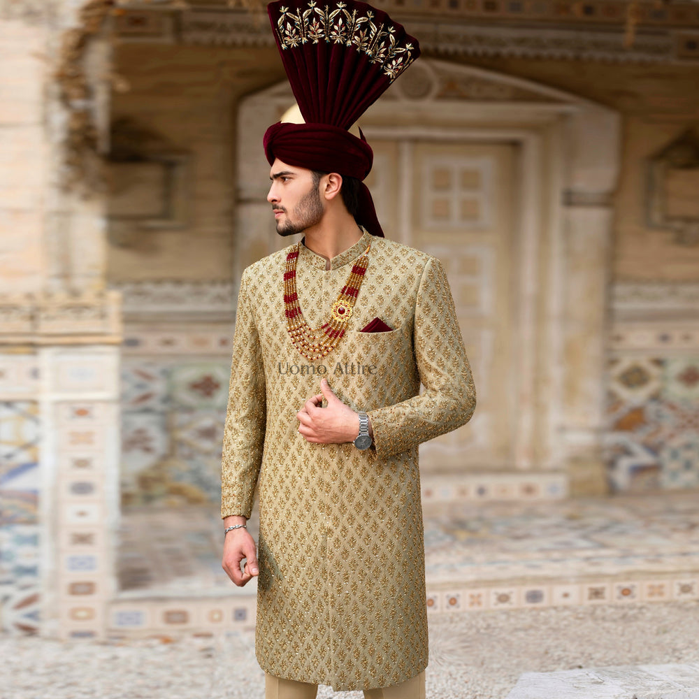 
                  
                    Exquisite Custom Light Green Sherwani  For Groom with Golden Embellishments
                  
                