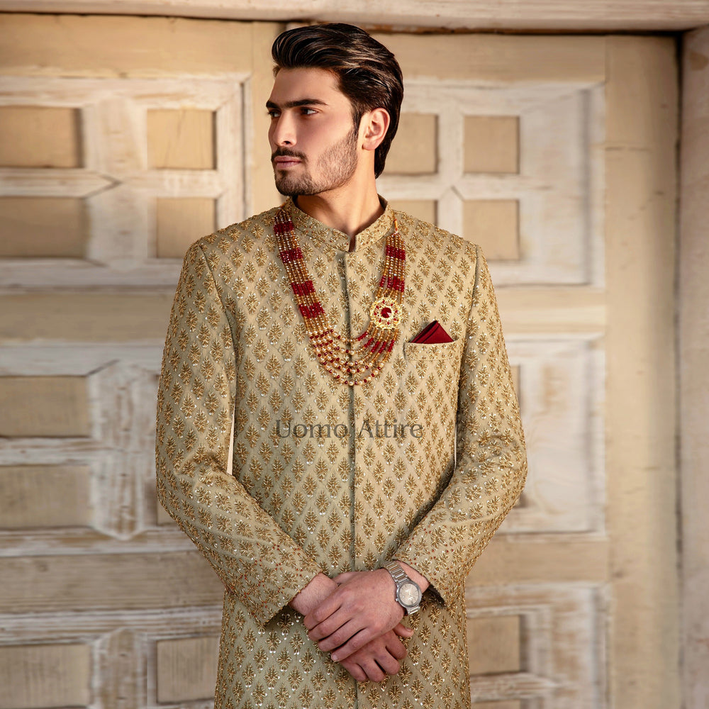 
                  
                    Exquisite Custom Light Green Sherwani  For Groom with Golden Embellishments
                  
                