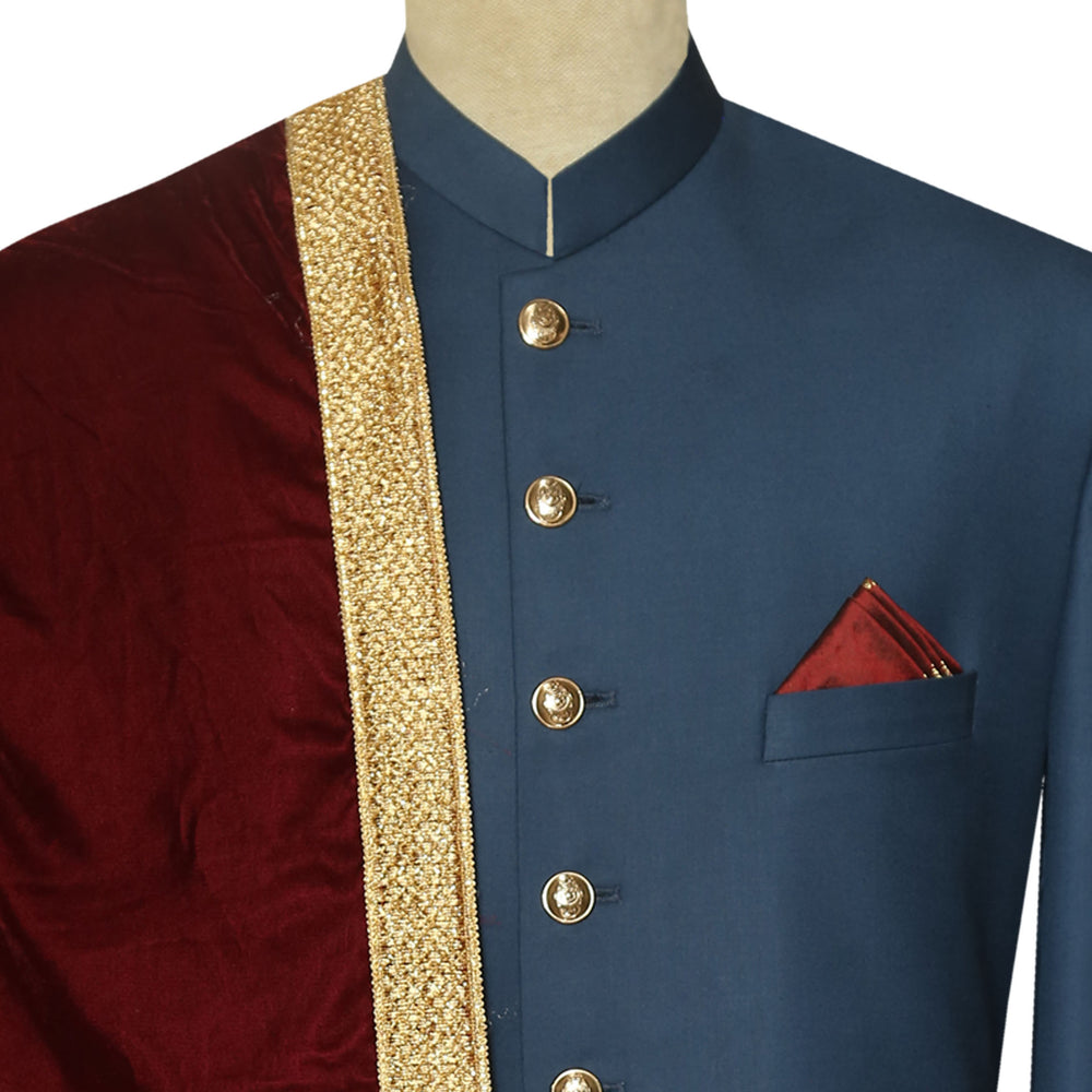 
                  
                    Lightweight Blue Sherwani for Groom and Groomsmen with Shawl and Pocket Square
                  
                