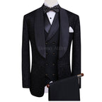 Luxurious black embroidered fabric tuxedo three piece suit, Black tuxedo suit, fully embroidered black tuxedo suit with double-breasted shawl lapel vest