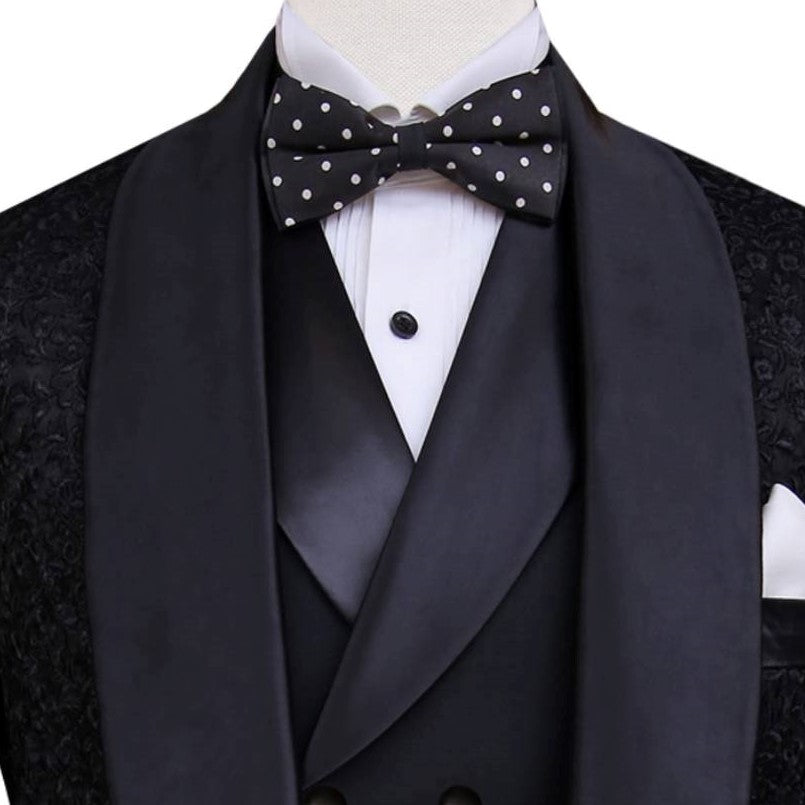 Luxurious black embroidered fabric tuxedo three piece suit, Black tuxedo suit, fully embroidered black tuxedo suit with double-breasted shawl lapel vest 2