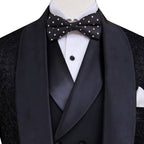 Luxurious black embroidered fabric tuxedo three piece suit, Black tuxedo suit, fully embroidered black tuxedo suit with double-breasted shawl lapel vest 2