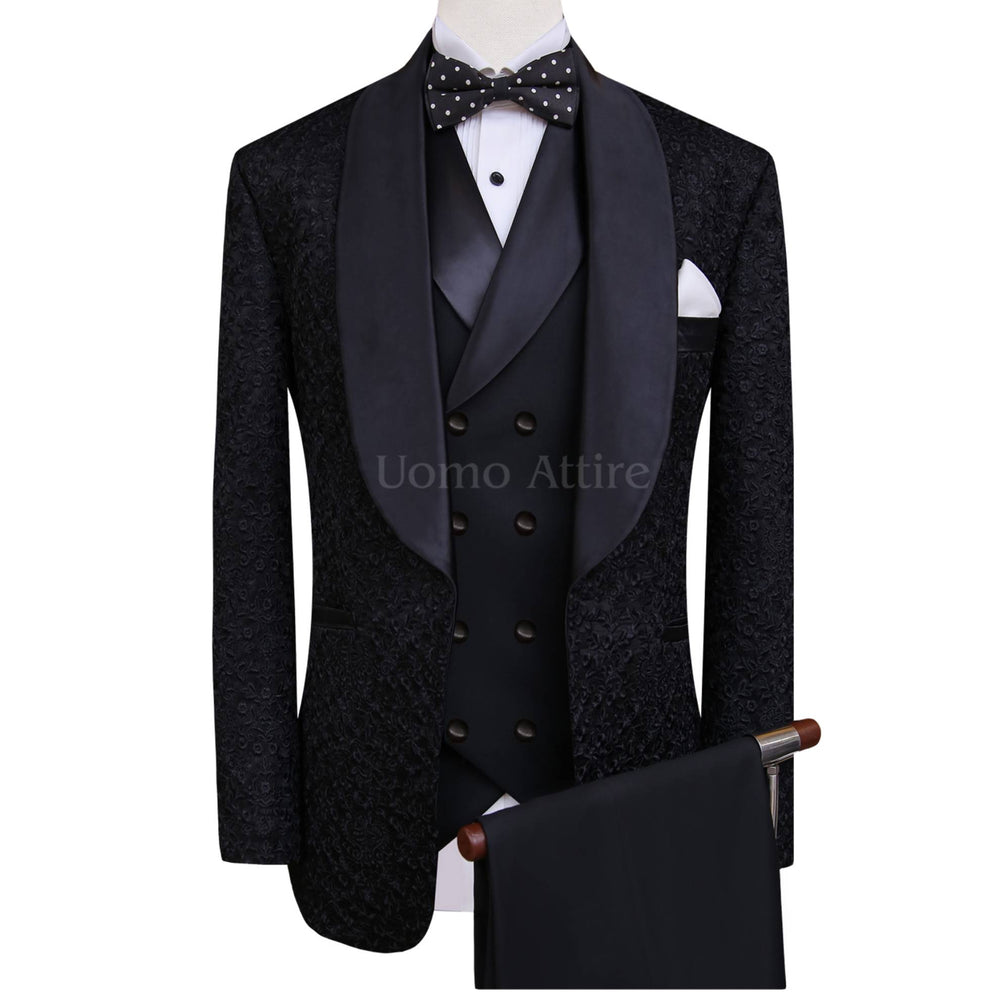 Luxurious black embroidered fabric tuxedo three piece suit, Black tuxedo suit, fully embroidered black tuxedo suit with double-breasted shawl lapel vest