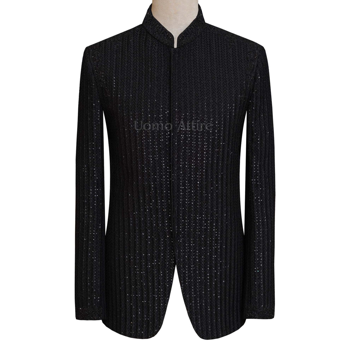 Luxurious fully embroidered and embellished jet black prince coat, prince coat for groom