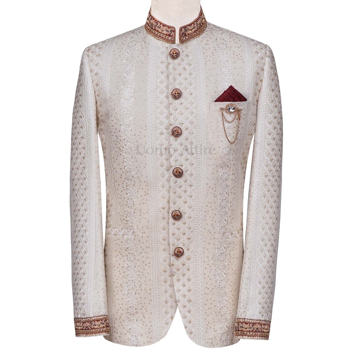 Luxurious fully embroidered cream color prince coat | Prince coat for groom and nikkah