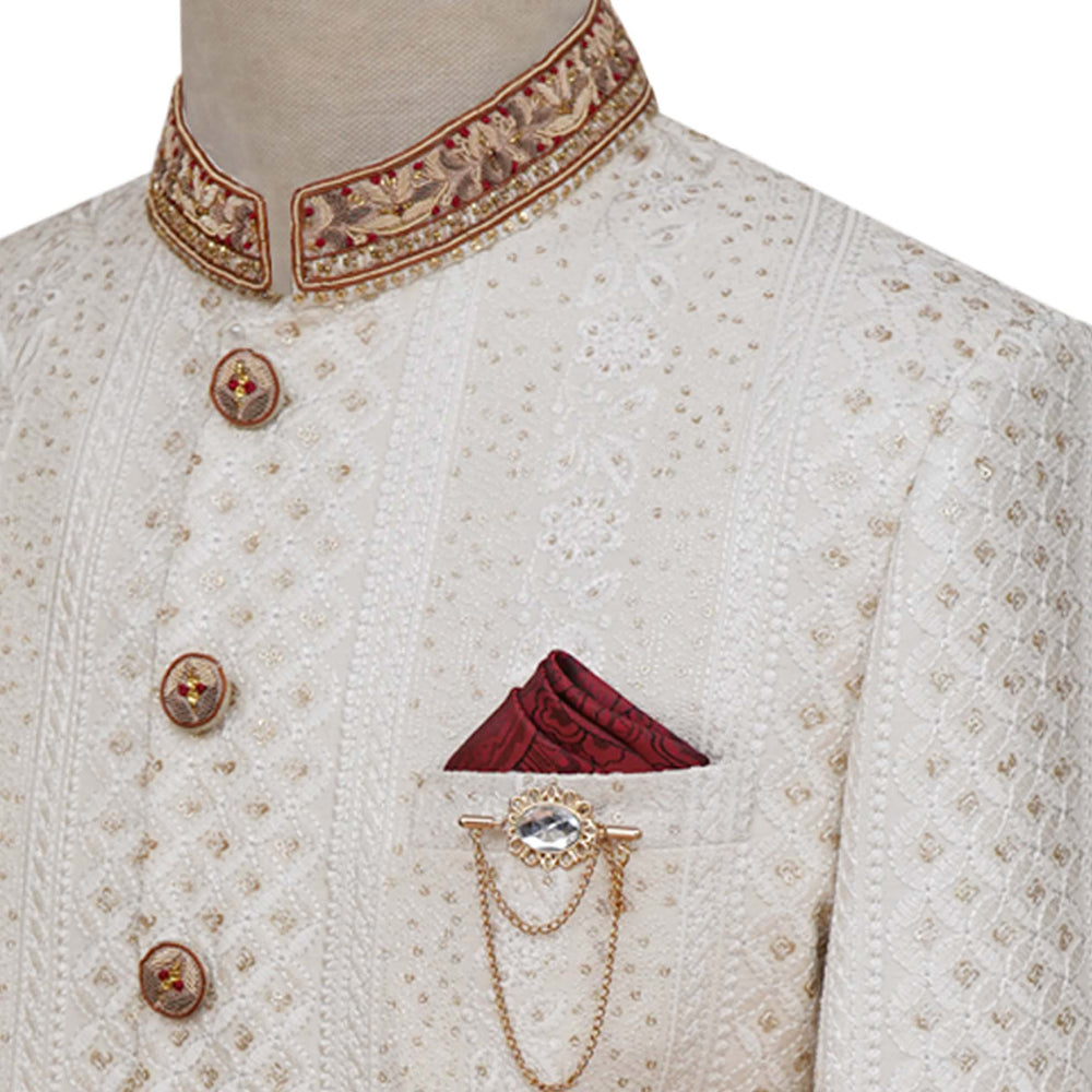 
                  
                    Luxurious fully embroidered cream color prince coat | Prince coat for groom and nikkah 4
                  
                