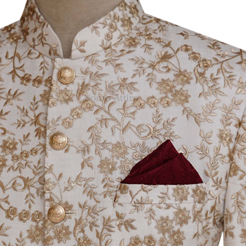 Luxurious fully embroidered prince coat with golden brass buttons | Pakistani prince coat