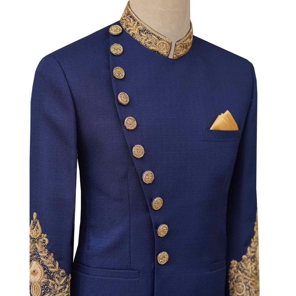 
                  
                    Luxurious golden embellished prince coat self designed | Navy blue prince coat for groom 2
                  
                