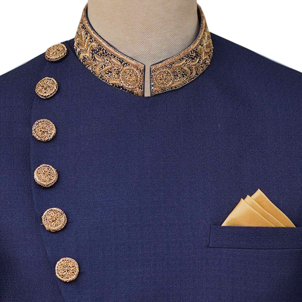 
                  
                    Luxurious golden embellished prince coat self designed | Navy blue prince coat for groom 3
                  
                